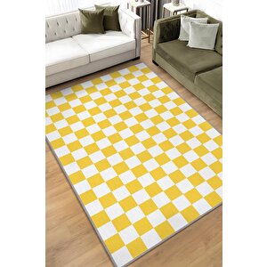 Minimalist Damalı Sarı Beyaz Halı Kareli Oturma Odası Halısı Retro Tarzı Salon Halısı 200x300 cm