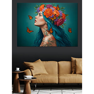 Kelebekli Çiçek Taçlı Kadın Dekoratif Kanvas - Mdf Ahşap Tablo 35x50 cm