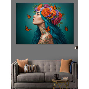 Kelebekli Çiçek Taçlı Kadın Dekoratif Kanvas - Mdf Ahşap Tablo