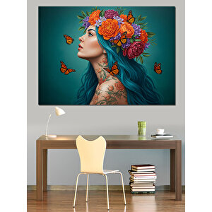 Kelebekli Çiçek Taçlı Kadın Dekoratif Kanvas - Mdf Ahşap Tablo