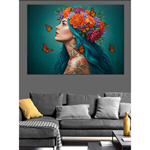 Kelebekli Çiçek Taçlı Kadın Dekoratif Kanvas - Mdf Ahşap Tablo 70x100 cm