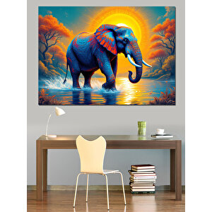 Güneşli Mavi Fil Dekoratif Kanvas - Mdf Ahşap Tablo 100x140 cm
