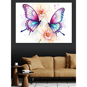 Pembe Mor Kelebek İllüstrasyonu Dekoratif Kanvas - Mdf Ahşap Tablo 100x140 cm