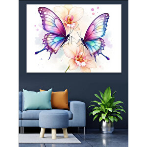 Pembe Mor Kelebek İllüstrasyonu Dekoratif Kanvas - Mdf Ahşap Tablo 70x100 cm
