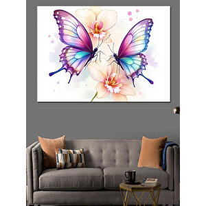 Pembe Mor Kelebek İllüstrasyonu Dekoratif Kanvas - Mdf Ahşap Tablo 70x100 cm