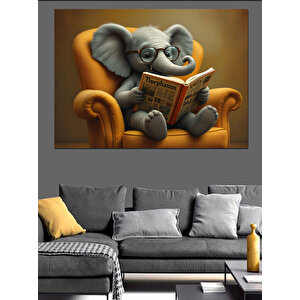Kitap Okuyan Fil Dekoratif Kanvas - Mdf Ahşap Tablo 50x70 cm