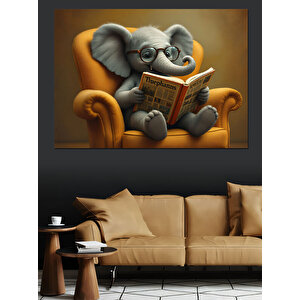 Kitap Okuyan Fil Dekoratif Kanvas - Mdf Ahşap Tablo 50x70 cm