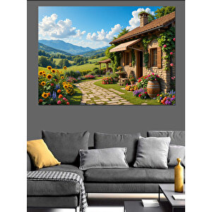 Dağ Manzaralı Bahçeli Ev Dekoratif Kanvas - Mdf Ahşap Tablo 100x140 cm