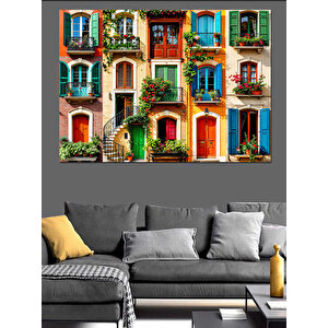 Renkli Çiçekli Akdeniz Evleri Dekoratif Kanvas - Mdf Ahşap Tablo 50x70 cm