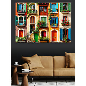 Renkli Çiçekli Akdeniz Evleri Dekoratif Kanvas - Mdf Ahşap Tablo 50x70 cm
