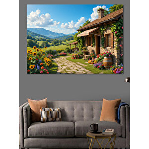 Dağ Manzaralı Bahçeli Ev Dekoratif Kanvas - Mdf Ahşap Tablo 35x50 cm
