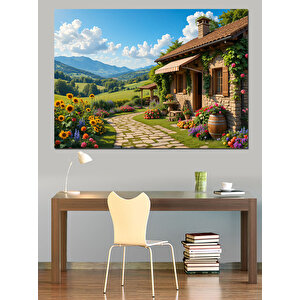 Dağ Manzaralı Bahçeli Ev Dekoratif Kanvas - Mdf Ahşap Tablo 35x50 cm