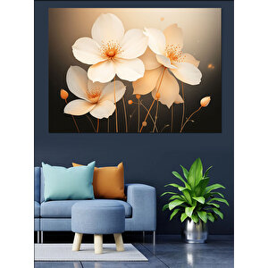 Beyaz Çiçekler Altın Arka Dekoratif Kanvas - Mdf Ahşap Tablo 50x70 cm