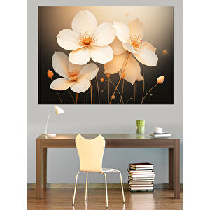 Beyaz Çiçekler Altın Arka Dekoratif Kanvas - Mdf Ahşap Tablo 50x70 cm