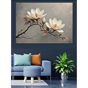 Dallarda Beyaz Lotus Çiçeği Dekoratif Kanvas - Mdf Ahşap Tablo 100x140 cm