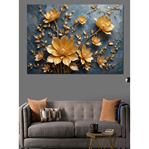 Altın Kabartmalı Lotus Çiçekleri Dekoratif Kanvas - Mdf Ahşap Tablo 70x100 cm