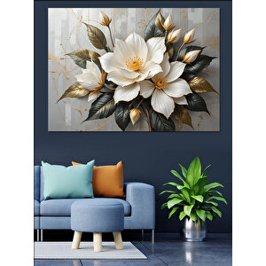 Krem Renkli Beyaz Çiçekler Dekoratif Kanvas - Mdf Ahşap Tablo 70x100 cm