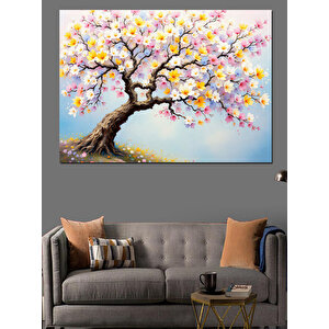 Pembe Çiçekli Kiraz Ağacı Dekoratif Kanvas - Mdf Ahşap Tablo 100x140 cm