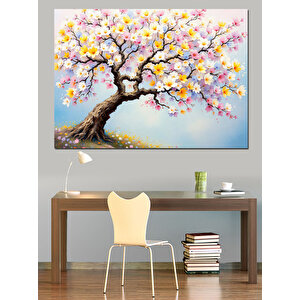 Pembe Çiçekli Kiraz Ağacı Dekoratif Kanvas - Mdf Ahşap Tablo 100x140 cm