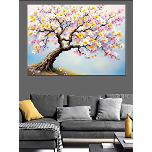 Pembe Çiçekli Kiraz Ağacı Dekoratif Kanvas - Mdf Ahşap Tablo 100x140 cm