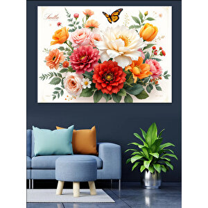 Çiçekli Aranjman Üzerinde Kelebek Dekoratif Kanvas - Mdf Ahşap Tablo 70x100 cm