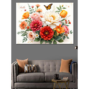 Çiçekli Aranjman Üzerinde Kelebek Dekoratif Kanvas - Mdf Ahşap Tablo 70x100 cm