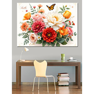 Çiçekli Aranjman Üzerinde Kelebek Dekoratif Kanvas - Mdf Ahşap Tablo 70x100 cm