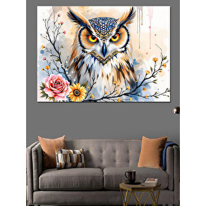 Çiçekli Baykuş Altın Bakış Dekoratif Kanvas - Mdf Ahşap Tablo 25x35 cm