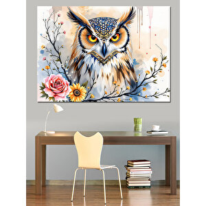 Çiçekli Baykuş Altın Bakış Dekoratif Kanvas - Mdf Ahşap Tablo 25x35 cm