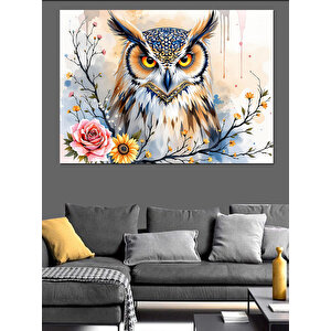 Çiçekli Baykuş Altın Bakış Dekoratif Kanvas - Mdf Ahşap Tablo 25x35 cm