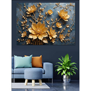 Altın Kabartmalı Lotus Çiçekleri Dekoratif Kanvas - Mdf Ahşap Tablo 100x140 cm