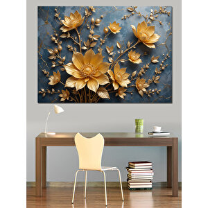 Altın Kabartmalı Lotus Çiçekleri Dekoratif Kanvas - Mdf Ahşap Tablo 100x140 cm