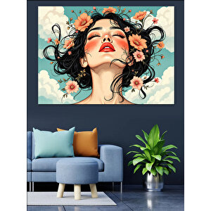 Çiçekli Kadın Portre İllüstrasyonu Dekoratif Kanvas - Mdf Ahşap Tablo 70x100 cm