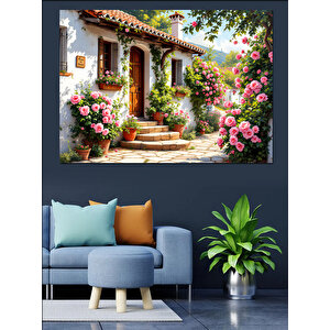 Çiçeklerle Kaplı Taş Ev Dekoratif Kanvas - Mdf Ahşap Tablo 50x70 cm