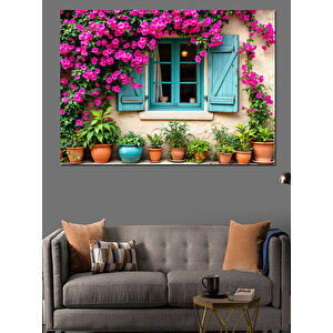 Çiçekli Mavi Panjurlu Ev Dekoratif Kanvas - Mdf Ahşap Tablo 25x35 cm