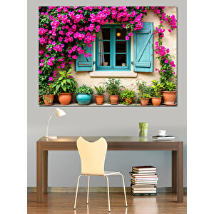 Çiçekli Mavi Panjurlu Ev Dekoratif Kanvas - Mdf Ahşap Tablo 25x35 cm