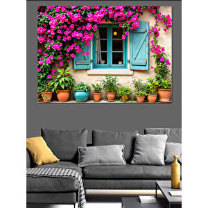 Çiçekli Mavi Panjurlu Ev Dekoratif Kanvas - Mdf Ahşap Tablo 25x35 cm