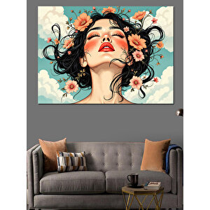 Çiçekli Kadın Portre İllüstrasyonu Dekoratif Kanvas - Mdf Ahşap Tablo 25x35 cm