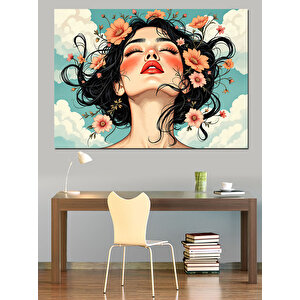 Çiçekli Kadın Portre İllüstrasyonu Dekoratif Kanvas - Mdf Ahşap Tablo 25x35 cm
