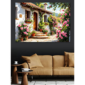 Çiçeklerle Kaplı Taş Ev Dekoratif Kanvas - Mdf Ahşap Tablo 35x50 cm