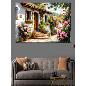 Çiçeklerle Kaplı Taş Ev Dekoratif Kanvas - Mdf Ahşap Tablo 35x50 cm