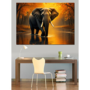 Turuncu Işıkta Yürüyen Fil Dekoratif Kanvas - Mdf Ahşap Tablo 70x100 cm