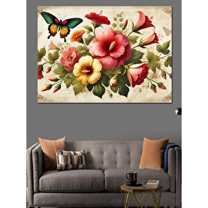 Çiçekler Ve Kelebekler Dekoratif Kanvas - Mdf Ahşap Tablo 100x140 cm