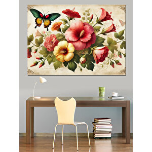 Çiçekler Ve Kelebekler Dekoratif Kanvas - Mdf Ahşap Tablo 100x140 cm