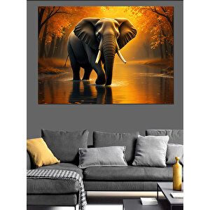 Turuncu Işıkta Yürüyen Fil Dekoratif Kanvas - Mdf Ahşap Tablo