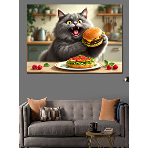 Hamburger Yiyen Mutlu Kedi Dekoratif Kanvas - Mdf Ahşap Tablo