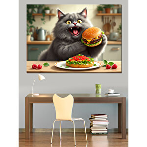 Hamburger Yiyen Mutlu Kedi Dekoratif Kanvas - Mdf Ahşap Tablo