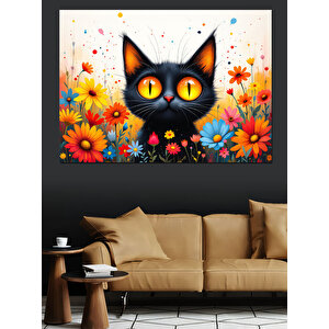 Çiçekler Arasında Siyah Kedi Dekoratif Kanvas - Mdf Ahşap Tablo 35x50 cm