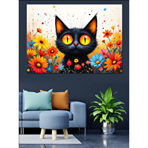 Çiçekler Arasında Siyah Kedi Dekoratif Kanvas - Mdf Ahşap Tablo 35x50 cm