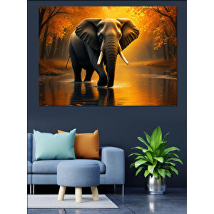 Turuncu Işıkta Yürüyen Fil Dekoratif Kanvas - Mdf Ahşap Tablo 100x140 cm